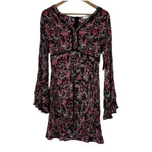 NWT C’isa Mini Dress Womens S Pink Black Floral Long Flare Sleeve Hippie Boho